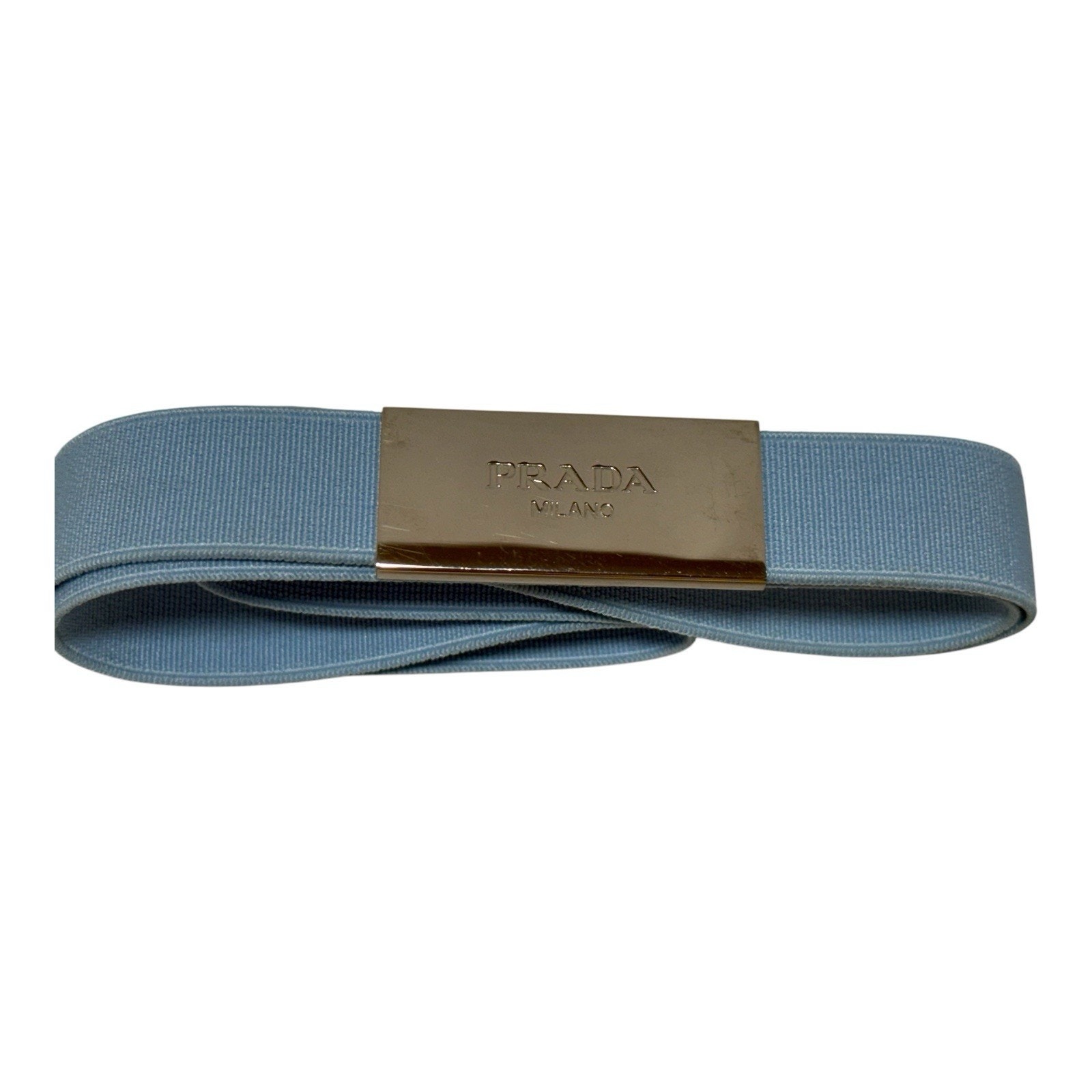 Prada Women’s Blue Stretch Fabric Gift Band Or Belt W/ Silver Logo + Patch